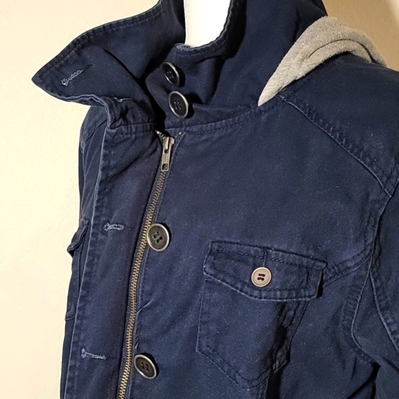 Hurley Winchester Woven Jacket Coat Hoodie Hooded Zip-Up Button Navy Blue Gray L - Picture 10 of 16